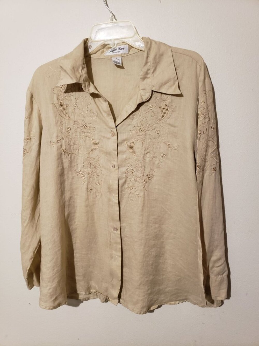 Judith Hart 100% linen, embroidered floral, long sleeve blouse, size 16